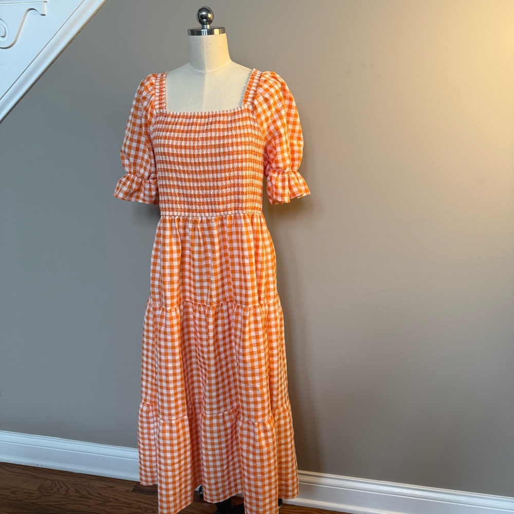 Zesica Orange Checkered Midi Dress with Puff Sleeves - Picture 3 of 15
